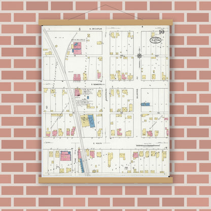 Old map wall art mockup — magnetic wood frame on brick wall — Sanborn Fire Insurance Map from Eaton, Preble County, Ohio (1921), Sheet #0010