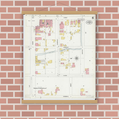 Old map wall art mockup — magnetic wood frame on brick wall — Sanborn Fire Insurance Map from Urbana, Champaign County, Ohio (1901), Sheet #0006
