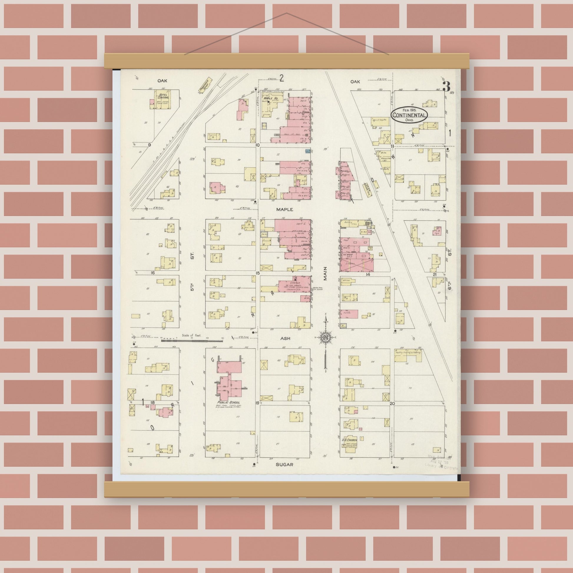Old map wall art mockup — magnetic wood frame on brick wall — Sanborn Fire Insurance Map from Continental, Putnam County, Ohio (1915), Sheet #0003