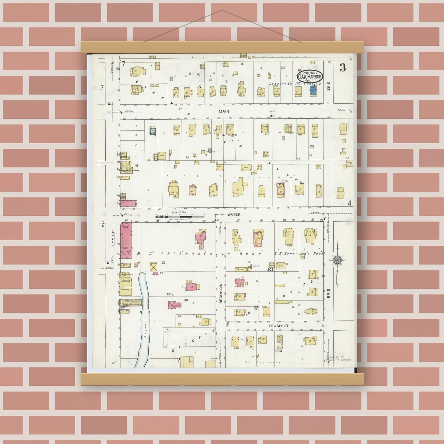 Old map wall art mockup — magnetic wood frame on brick wall — Sanborn Fire Insurance Map from Oak Harbor, Ottawa County, Ohio (1920), Sheet #0003