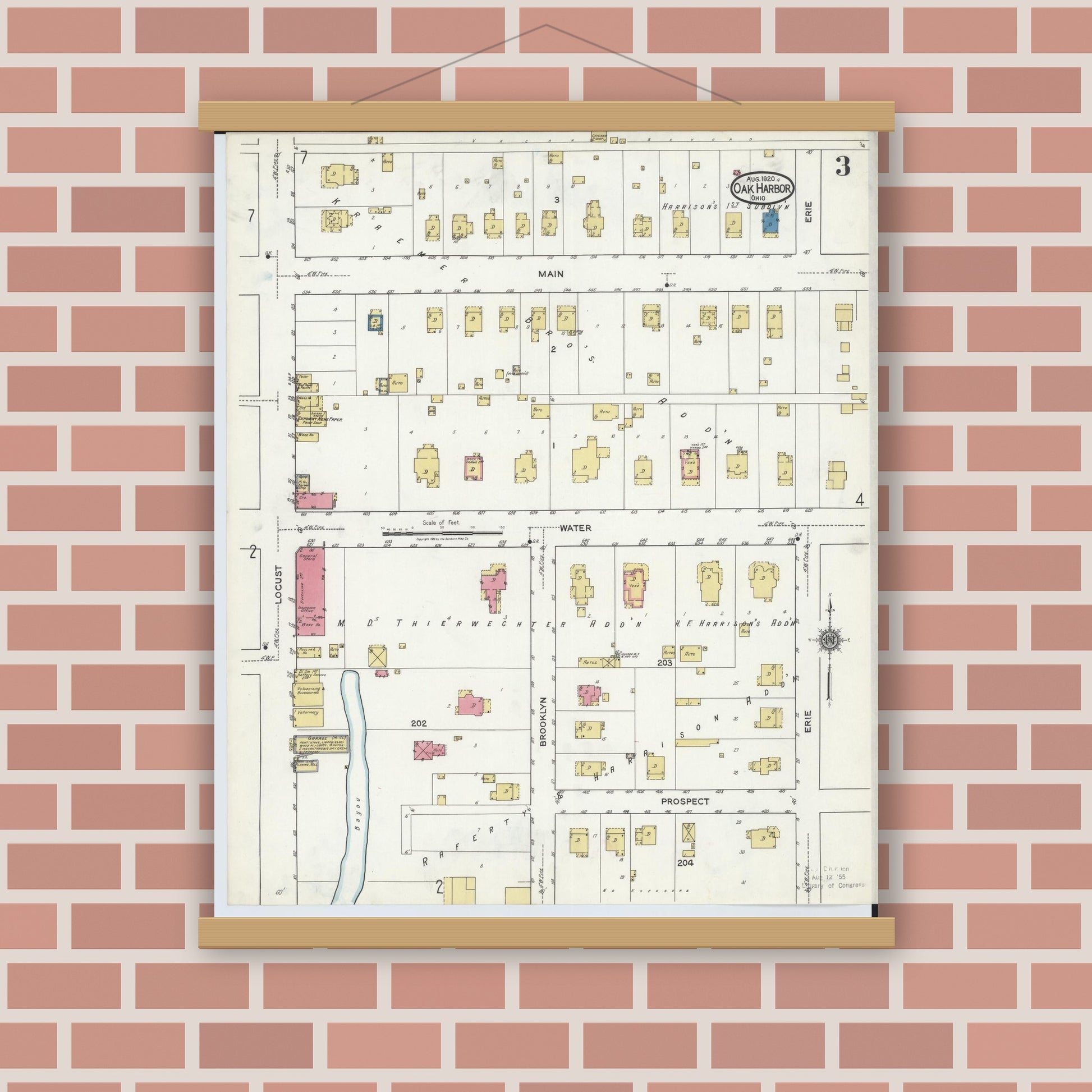 Old map wall art mockup — magnetic wood frame on brick wall — Sanborn Fire Insurance Map from Oak Harbor, Ottawa County, Ohio (1920), Sheet #0003