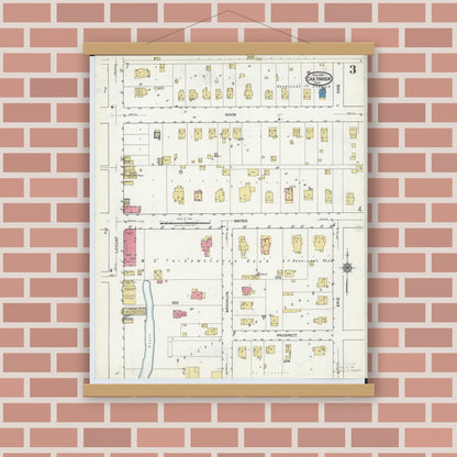 Old map wall art mockup — magnetic wood frame on brick wall — Sanborn Fire Insurance Map from Oak Harbor, Ottawa County, Ohio (1920), Sheet #0003
