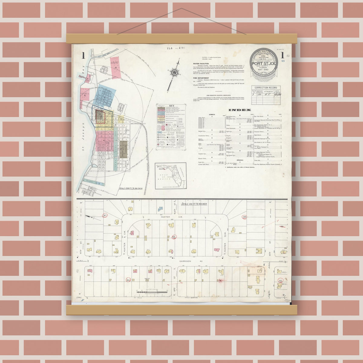 Old map wall art mockup — magnetic wood frame on brick wall — Sanborn Fire Insurance Map from Port Saint Joe, Gulf County, Florida (1945), Sheet #0001