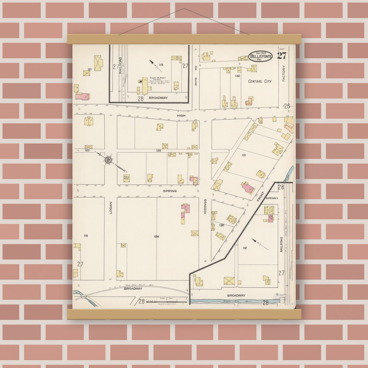 Old map wall art mockup — magnetic wood frame on brick wall — Sanborn Fire Insurance Map from Bellefonte, Centre County, Pennsylvania (1922), Sheet #0027