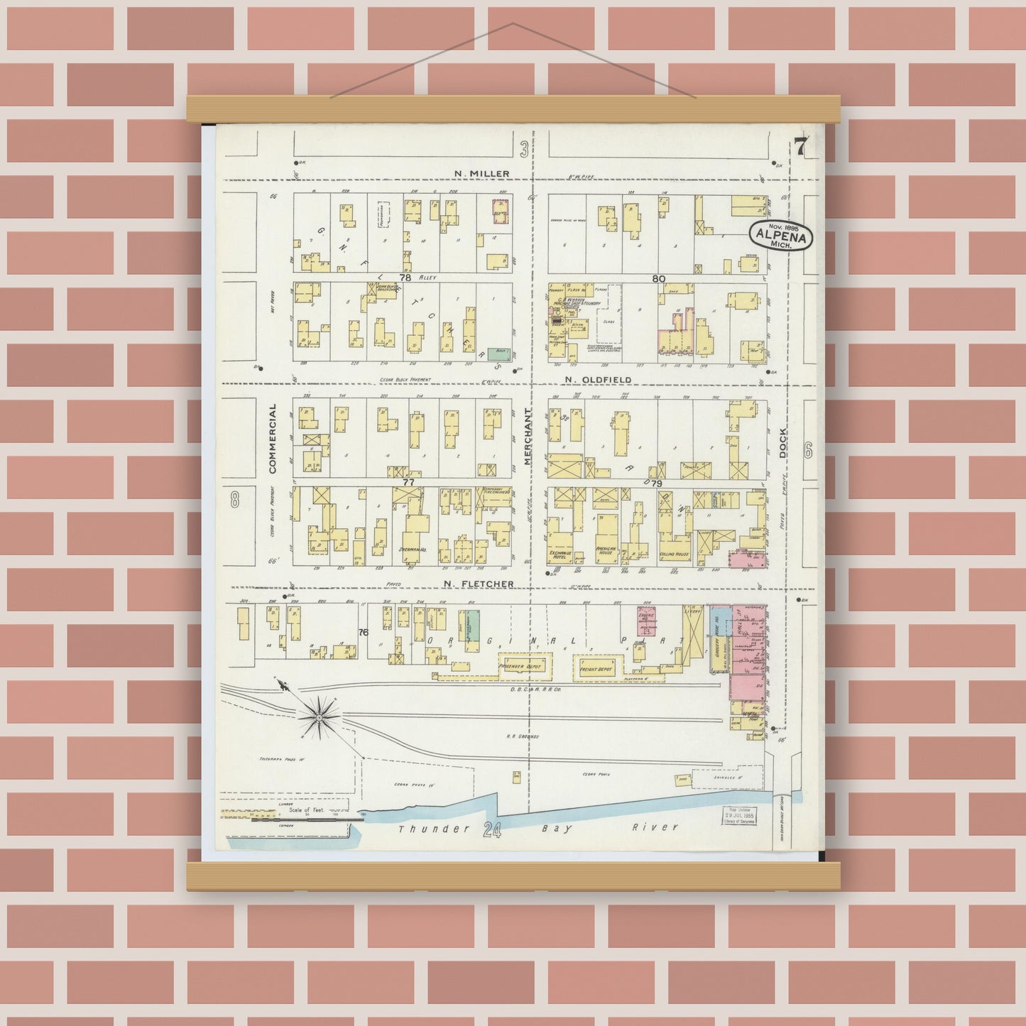 Old map wall art mockup — magnetic wood frame on brick wall — Sanborn Fire Insurance Map from Alpena, Alpena County, Michigan (1895), Sheet #0007