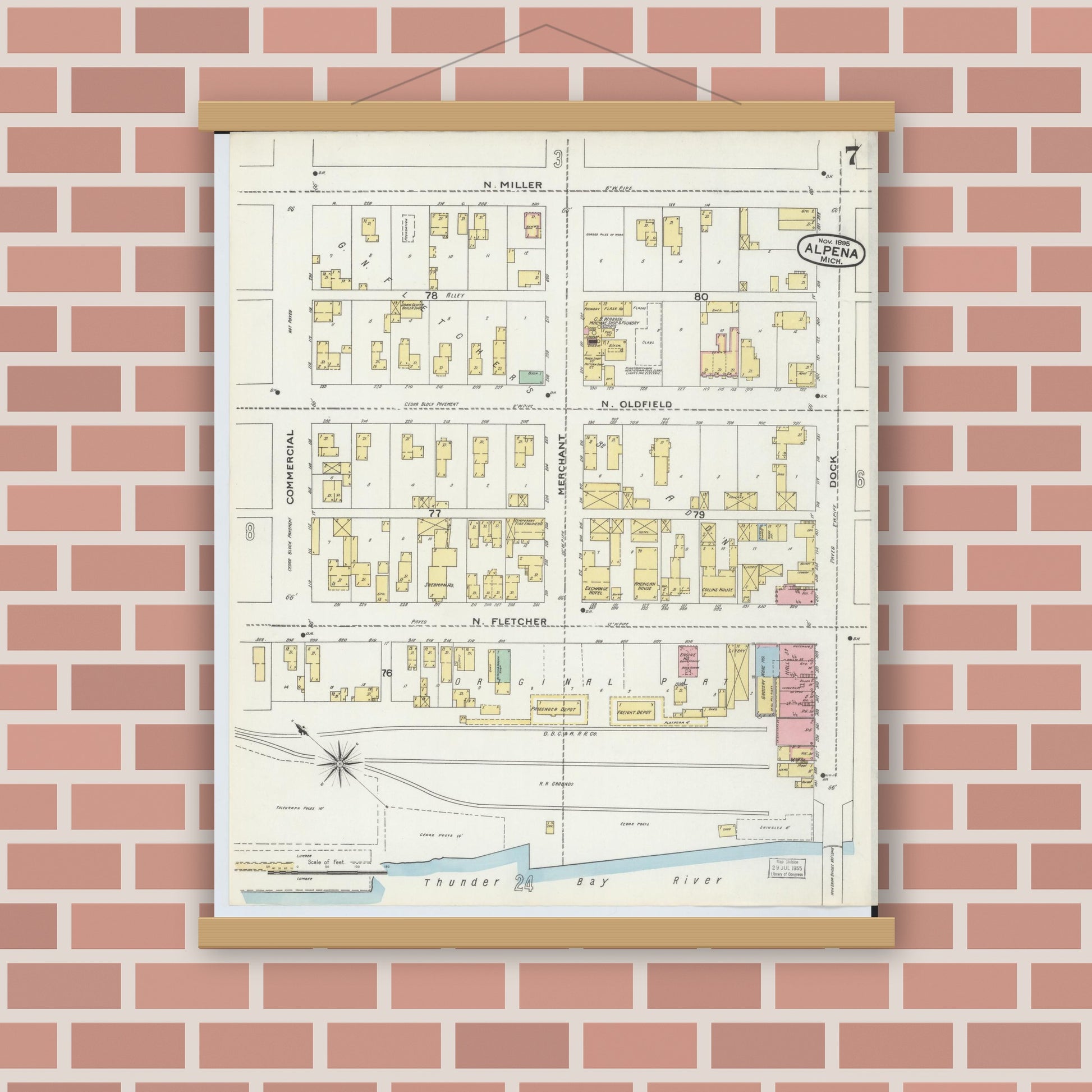 Old map wall art mockup — magnetic wood frame on brick wall — Sanborn Fire Insurance Map from Alpena, Alpena County, Michigan (1895), Sheet #0007