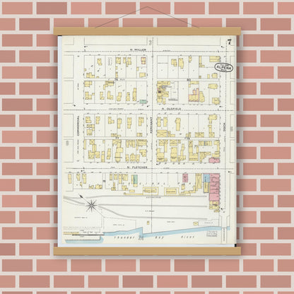 Old map wall art mockup — magnetic wood frame on brick wall — Sanborn Fire Insurance Map from Alpena, Alpena County, Michigan (1895), Sheet #0007