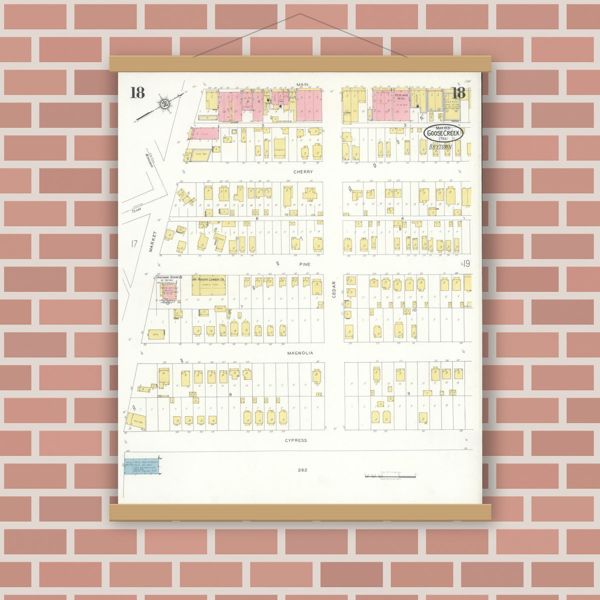 Old map wall art mockup — magnetic wood frame on brick wall — Sanborn Fire Insurance Map from Goose Creek, Harris County, Texas (1931), Sheet #0018