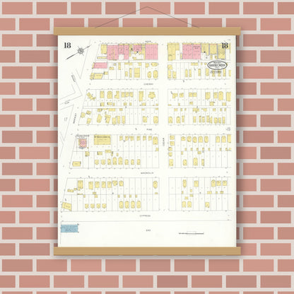 Old map wall art mockup — magnetic wood frame on brick wall — Sanborn Fire Insurance Map from Goose Creek, Harris County, Texas (1931), Sheet #0018