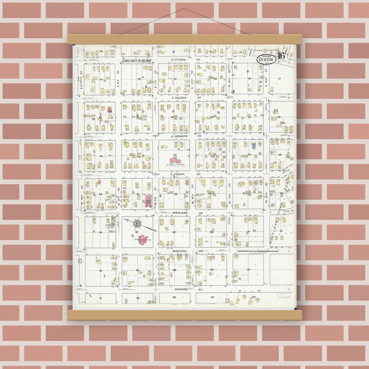 Old map wall art mockup — magnetic wood frame on brick wall — Sanborn Fire Insurance Map from Dixon, Lee County, Illinois (1918), Sheet #0016