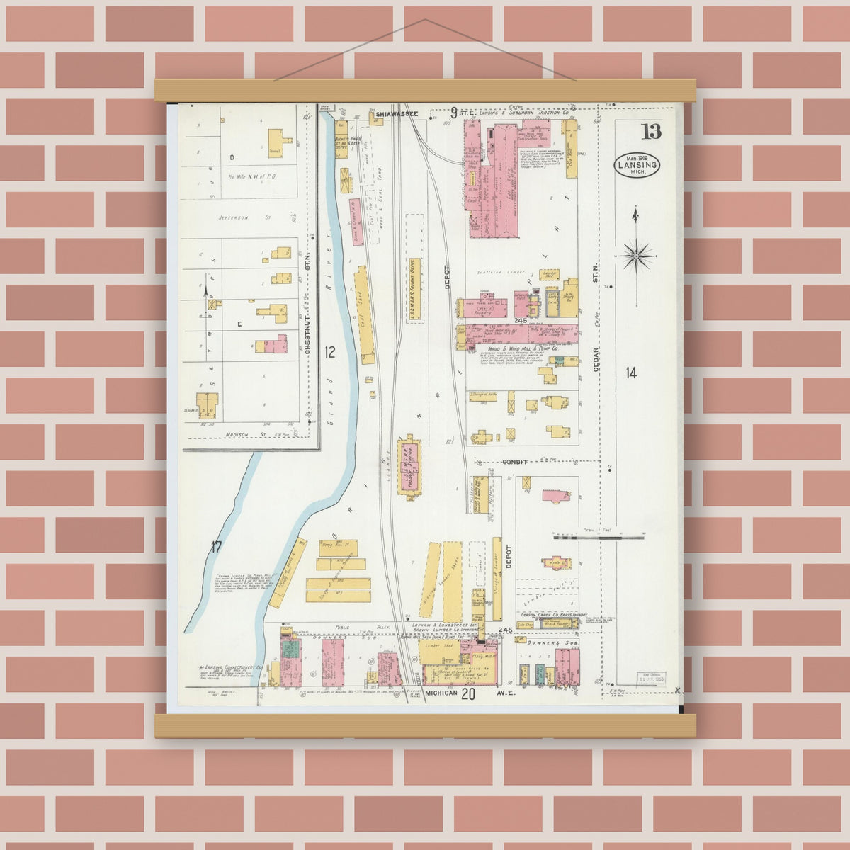 Old map wall art mockup — magnetic wood frame on brick wall — Sanborn Fire Insurance Map from Lansing, Ingham County, Michigan (1906), Sheet #0013