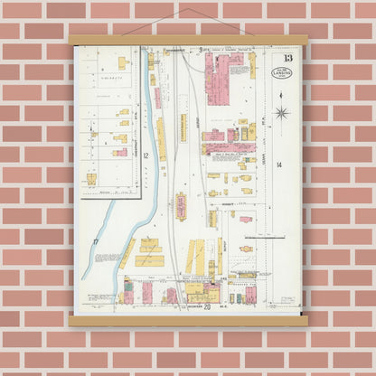 Old map wall art mockup — magnetic wood frame on brick wall — Sanborn Fire Insurance Map from Lansing, Ingham County, Michigan (1906), Sheet #0013