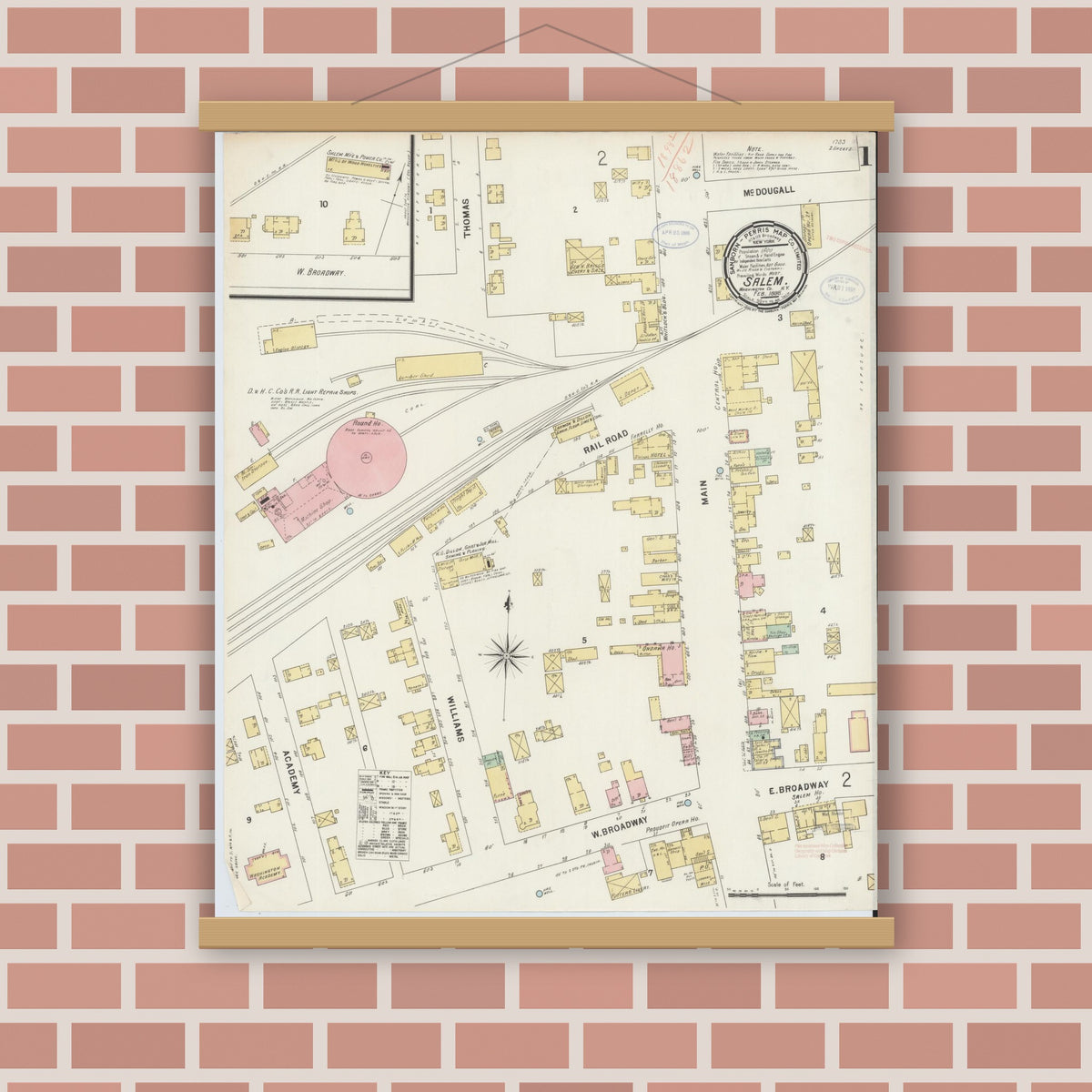 Old map wall art mockup — magnetic wood frame on brick wall — Sanborn Fire Insurance Map from Salem, Washington County, New York (1898) - Complete Map Set