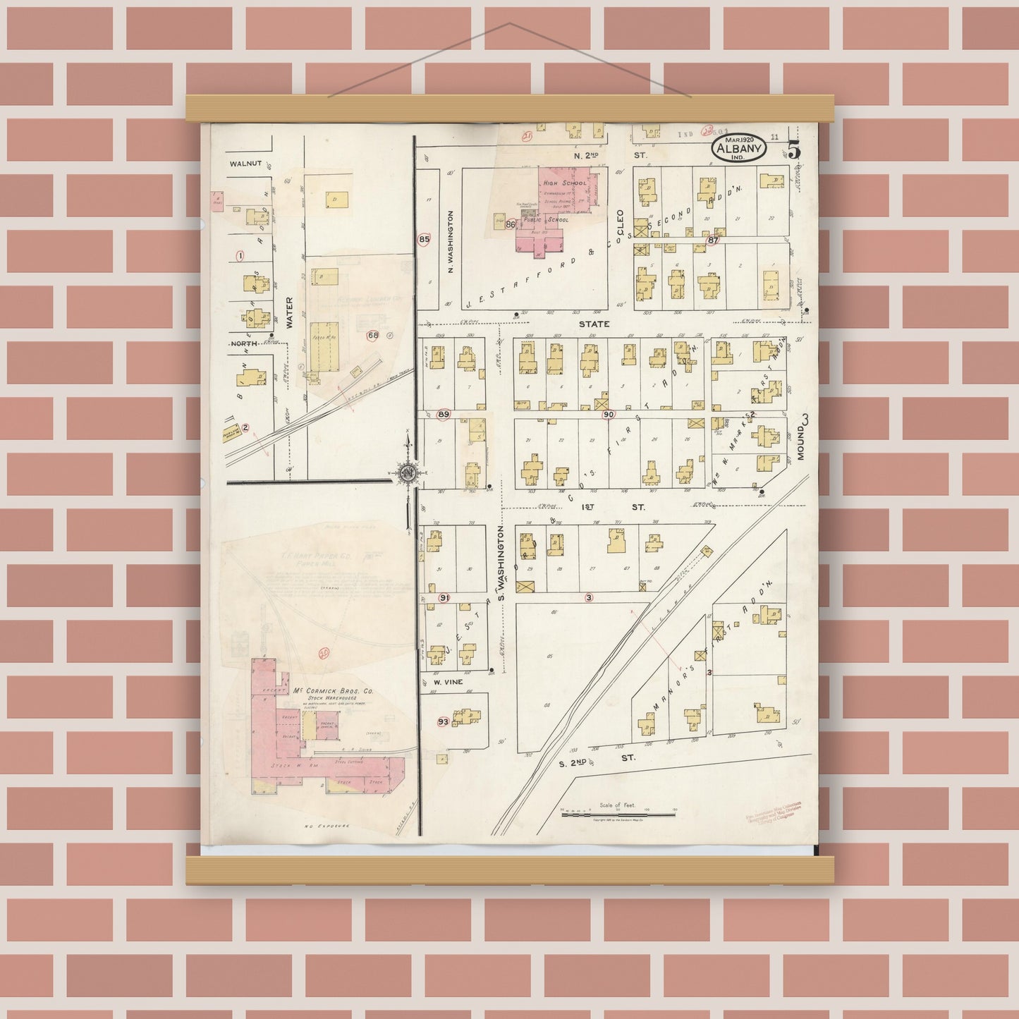Old map wall art mockup — magnetic wood frame on brick wall — Sanborn Fire Insurance Map from Albany, Delaware County, Indiana (1943), Sheet #0005