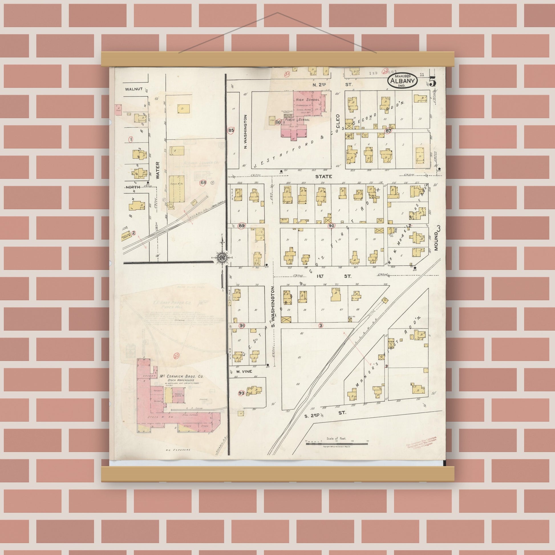 Old map wall art mockup — magnetic wood frame on brick wall — Sanborn Fire Insurance Map from Albany, Delaware County, Indiana (1943), Sheet #0005