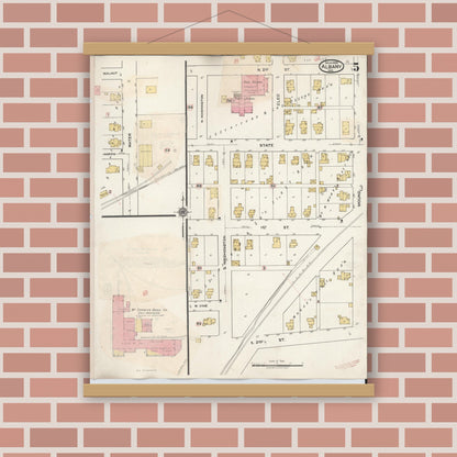 Old map wall art mockup — magnetic wood frame on brick wall — Sanborn Fire Insurance Map from Albany, Delaware County, Indiana (1943), Sheet #0005