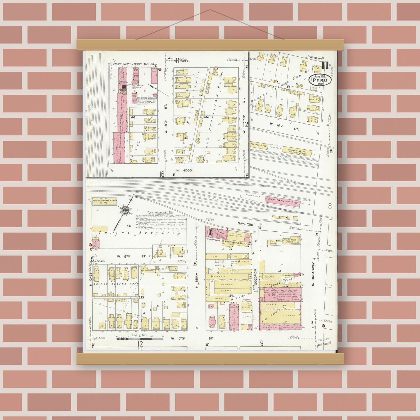 Old map wall art mockup — magnetic wood frame on brick wall — Sanborn Fire Insurance Map from Peru, Miami County, Indiana (1912), Sheet #0011