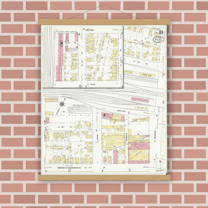 Old map wall art mockup — magnetic wood frame on brick wall — Sanborn Fire Insurance Map from Peru, Miami County, Indiana (1912), Sheet #0011