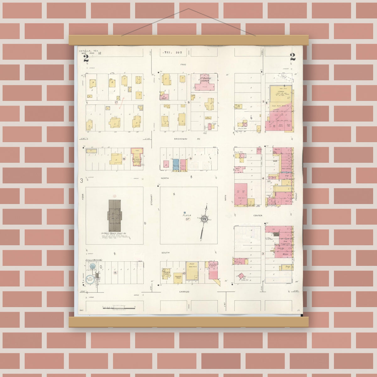 Old map wall art mockup — magnetic wood frame on brick wall — Sanborn Fire Insurance Map from Cotulla, La Salle County, Texas (1948), Sheet #0002