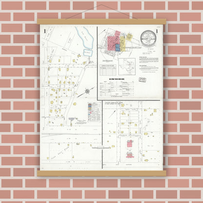 Old map wall art mockup — magnetic wood frame on brick wall — Sanborn Fire Insurance Map from Mount Calm, Hill County, Texas (1937), Sheet #0001