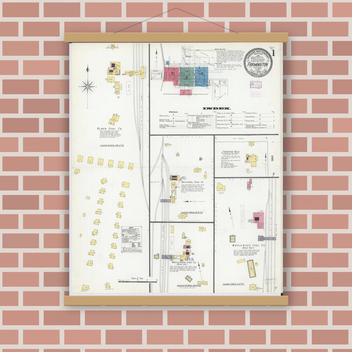 Old map wall art mockup — magnetic wood frame on brick wall — Sanborn Fire Insurance Map from Farmington, Fulton County, Illinois (1909) - Complete Map Set