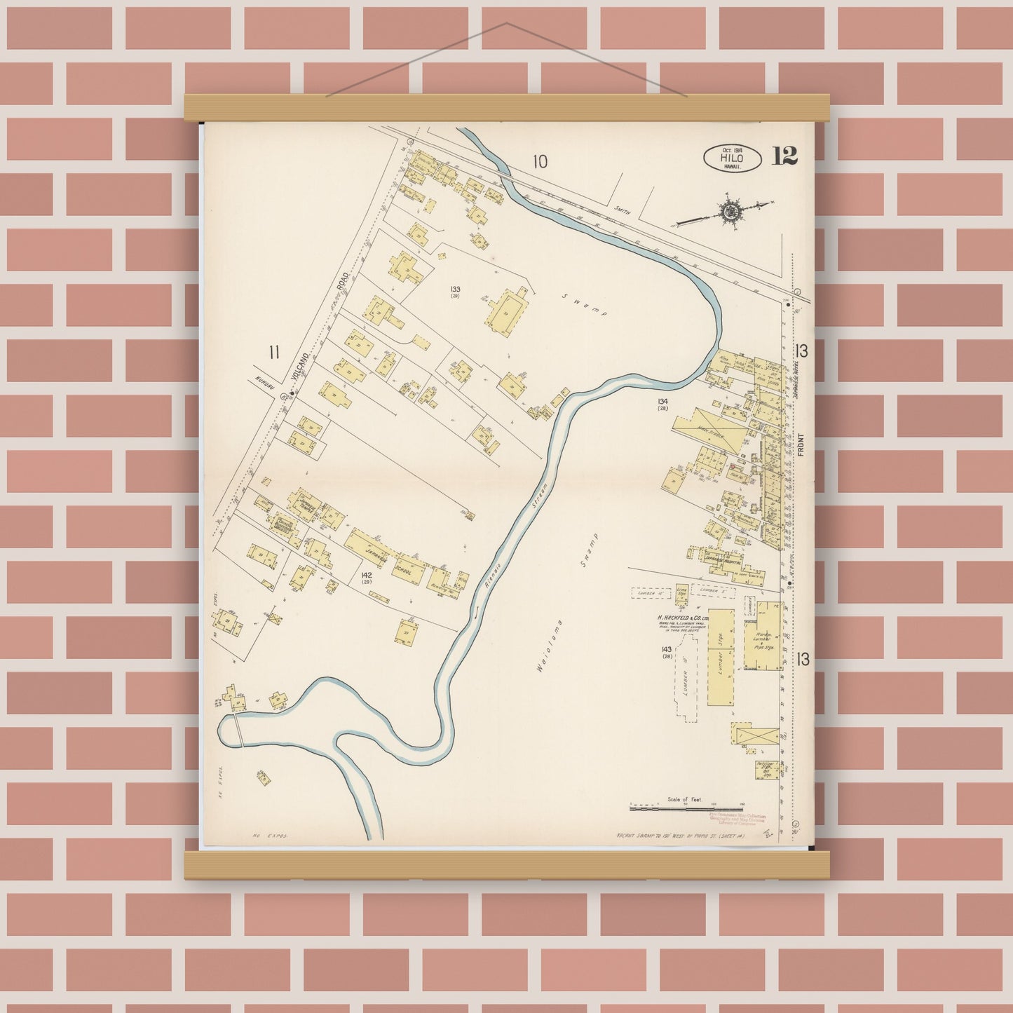 Old map wall art mockup — magnetic wood frame on brick wall — Sanborn Fire Insurance Map from Hilo, Hawaii County, Hawaii (1914), Sheet #0012