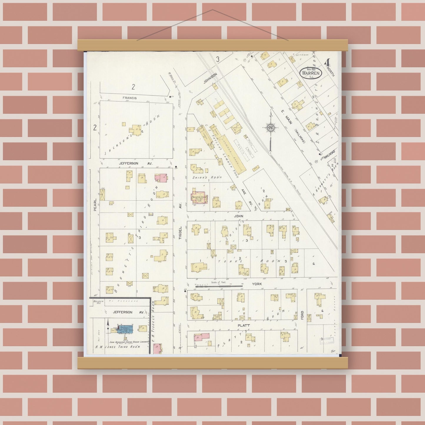 Old map wall art mockup — magnetic wood frame on brick wall — Sanborn Fire Insurance Map from Warren, Jo Daviess County, Illinois (1912), Sheet #0004