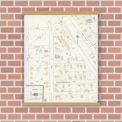 Old map wall art mockup — magnetic wood frame on brick wall — Sanborn Fire Insurance Map from Warren, Jo Daviess County, Illinois (1912), Sheet #0004