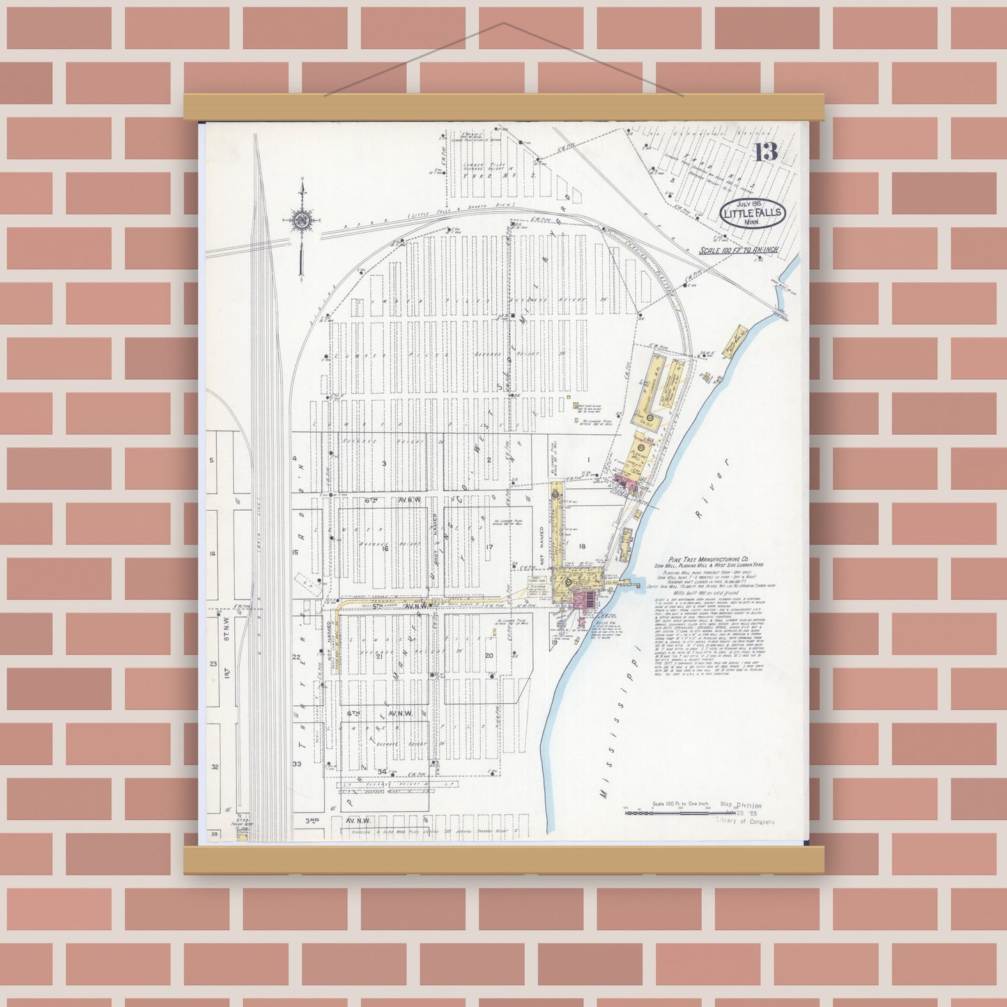 Old map wall art mockup — magnetic wood frame on brick wall — Sanborn Fire Insurance Map from Little Falls, Morrison County, Minnesota (1915), Sheet #0013
