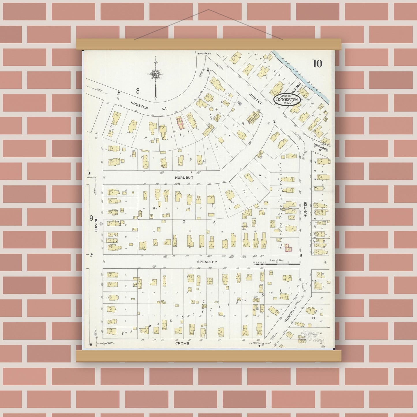 Old map wall art mockup — magnetic wood frame on brick wall — Sanborn Fire Insurance Map from Crookston, Polk County, Minnesota (1913), Sheet #0010