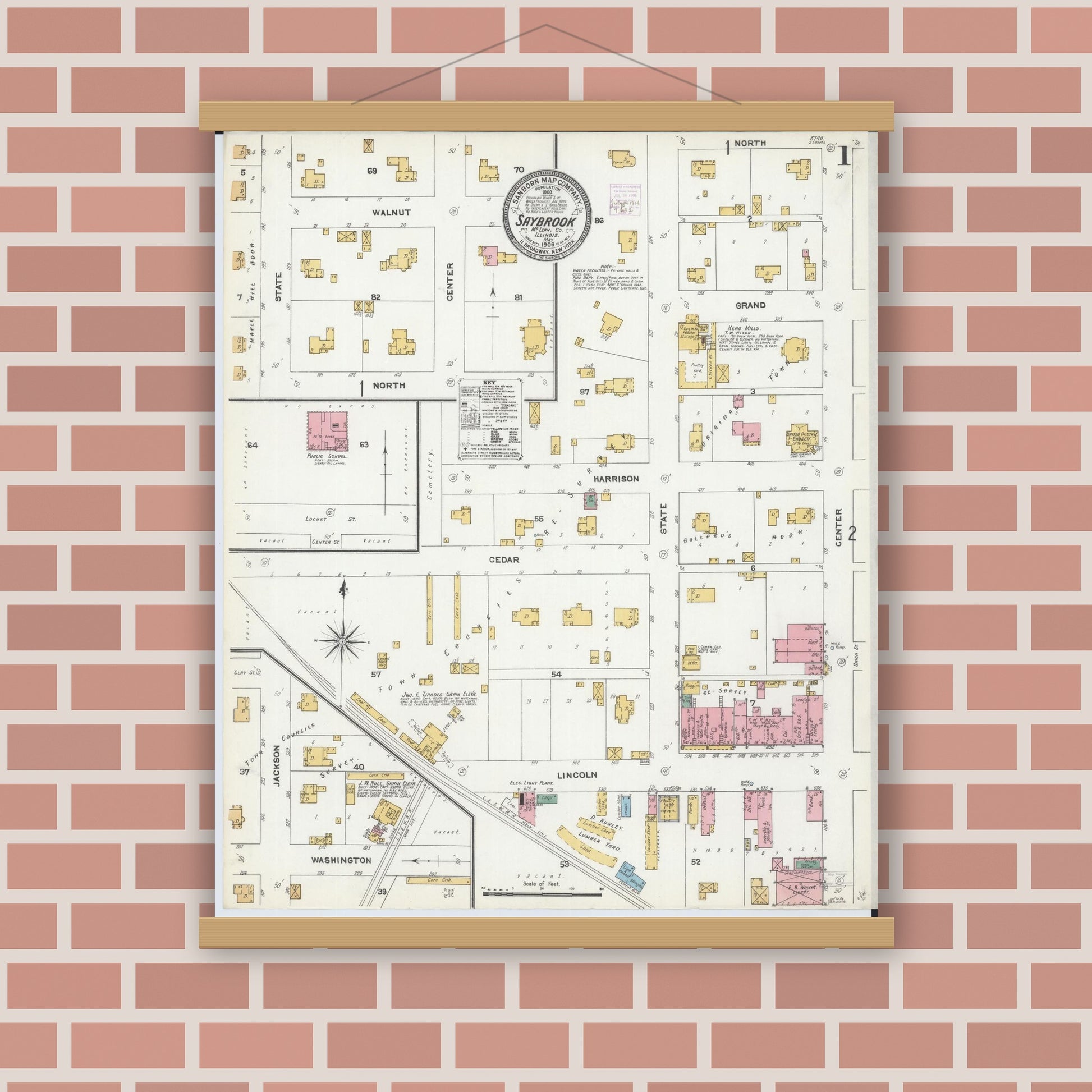 Old map wall art mockup — magnetic wood frame on brick wall — Sanborn Fire Insurance Map from Saybrook, McLean County, Illinois (1906) - Complete Map Set