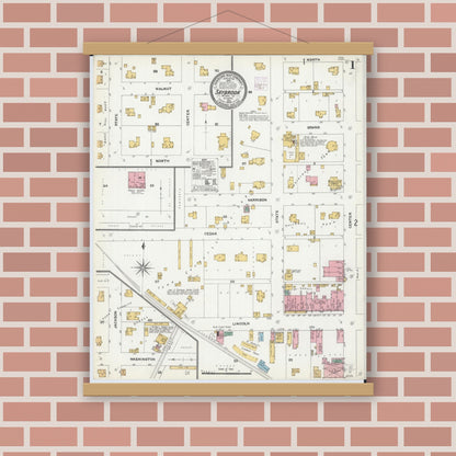 Old map wall art mockup — magnetic wood frame on brick wall — Sanborn Fire Insurance Map from Saybrook, McLean County, Illinois (1906) - Complete Map Set