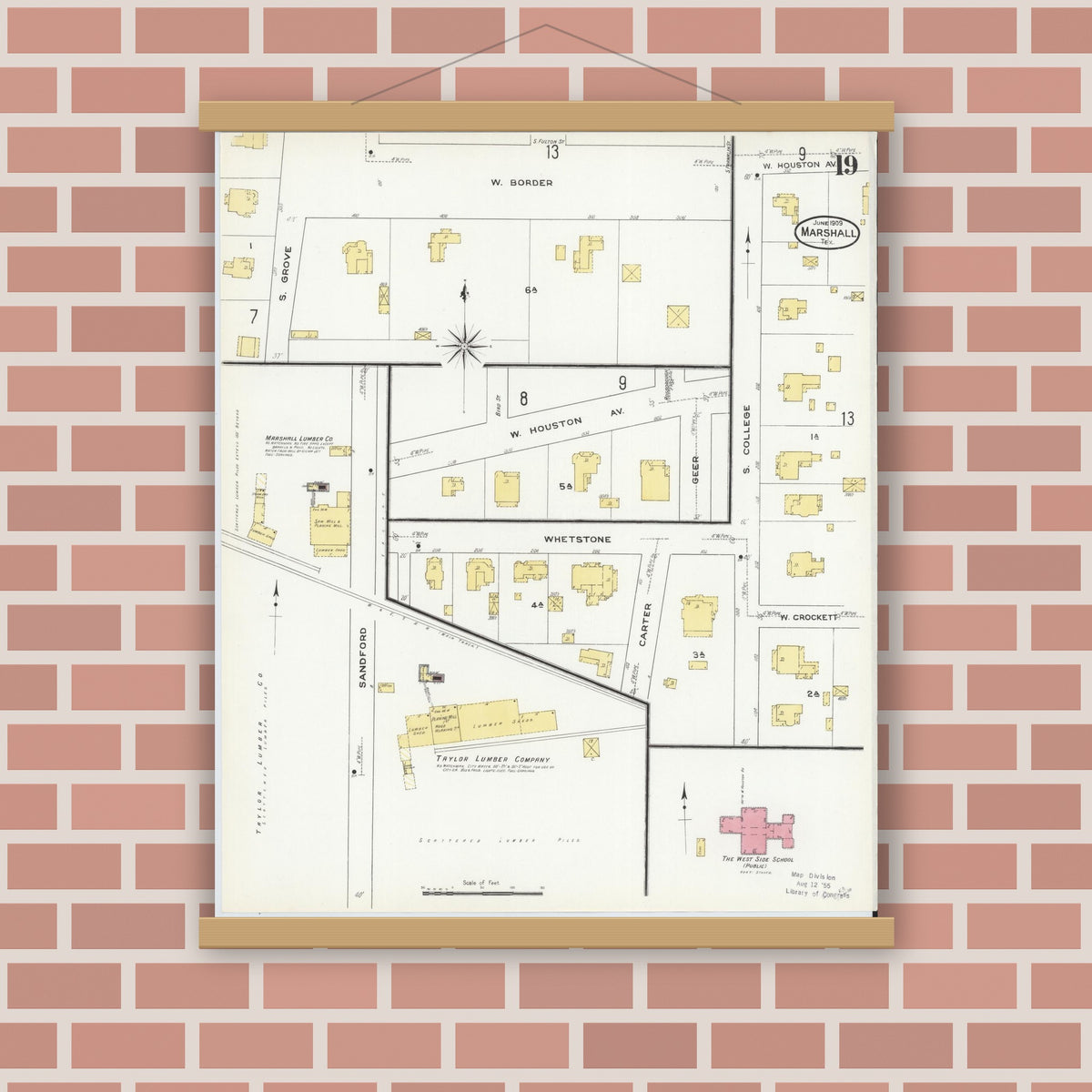 Old map wall art mockup — magnetic wood frame on brick wall — Sanborn Fire Insurance Map from Marshall, Harrison County, Texas (1909), Sheet #0019