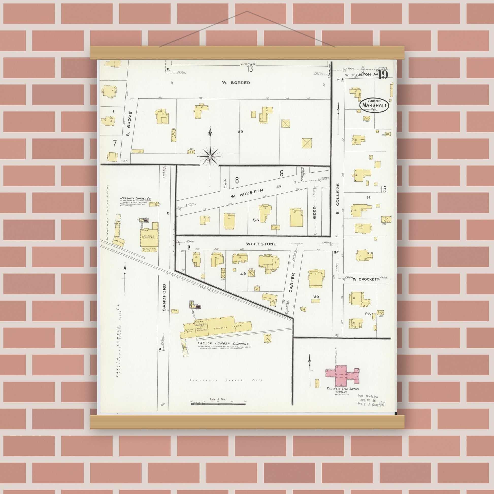 Old map wall art mockup — magnetic wood frame on brick wall — Sanborn Fire Insurance Map from Marshall, Harrison County, Texas (1909), Sheet #0019