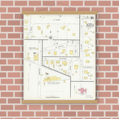 Old map wall art mockup — magnetic wood frame on brick wall — Sanborn Fire Insurance Map from Marshall, Harrison County, Texas (1909), Sheet #0019