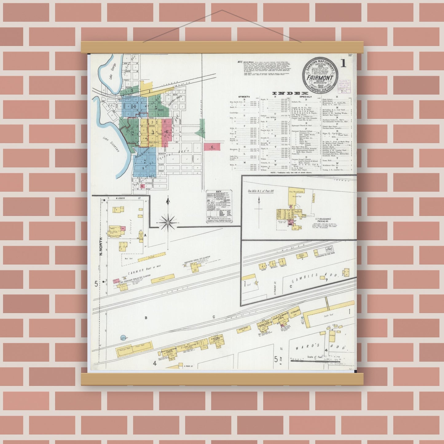 Old map wall art mockup — magnetic wood frame on brick wall — Sanborn Fire Insurance Map from Fairmont, Martin County, Minnesota (1905) - Complete Map Set