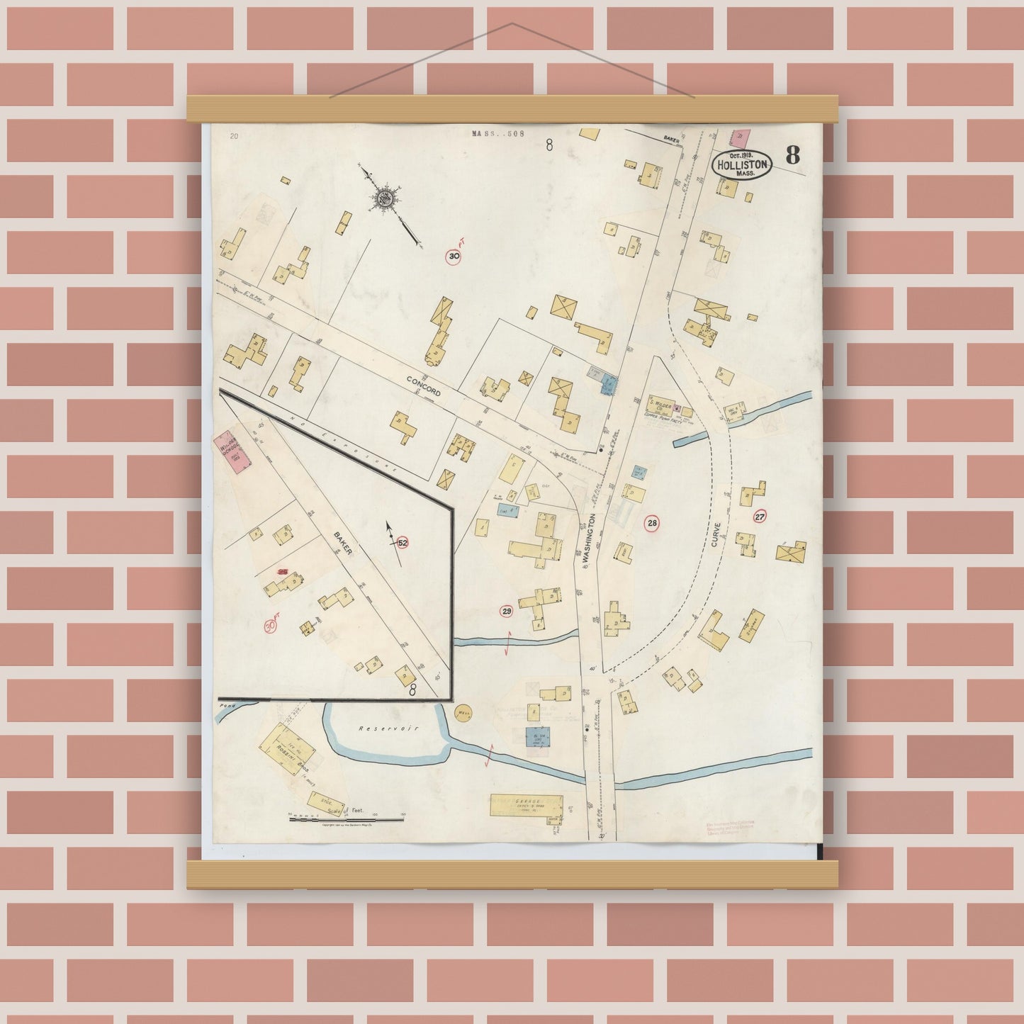 Old map wall art mockup — magnetic wood frame on brick wall — Sanborn Fire Insurance Map from Holliston, Middlesex County, Massachusetts (1942), Sheet #0008