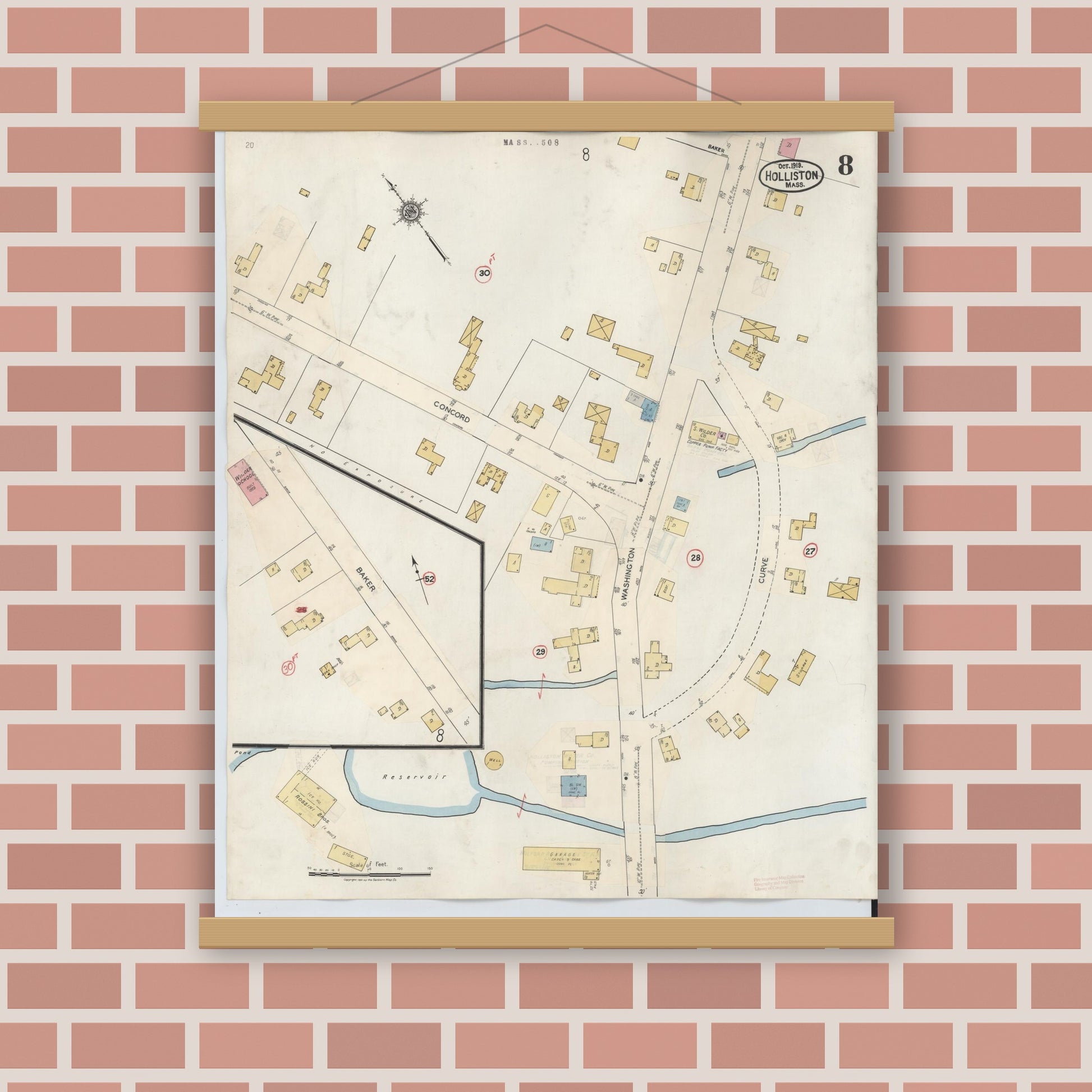 Old map wall art mockup — magnetic wood frame on brick wall — Sanborn Fire Insurance Map from Holliston, Middlesex County, Massachusetts (1942), Sheet #0008