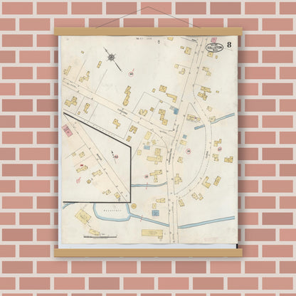 Old map wall art mockup — magnetic wood frame on brick wall — Sanborn Fire Insurance Map from Holliston, Middlesex County, Massachusetts (1942), Sheet #0008
