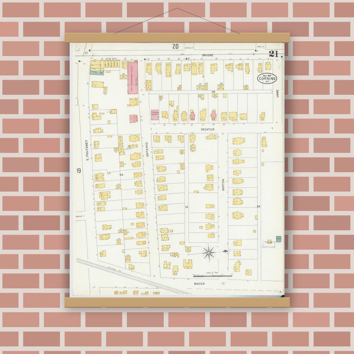 Old map wall art mockup — magnetic wood frame on brick wall — Sanborn Fire Insurance Map from Corning, Steuben County, New York (1903), Sheet #0021