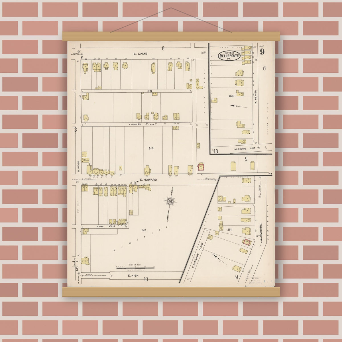 Old map wall art mockup — magnetic wood frame on brick wall — Sanborn Fire Insurance Map from Bellefonte, Centre County, Pennsylvania (1922), Sheet #0009