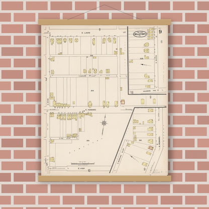 Old map wall art mockup — magnetic wood frame on brick wall — Sanborn Fire Insurance Map from Bellefonte, Centre County, Pennsylvania (1922), Sheet #0009