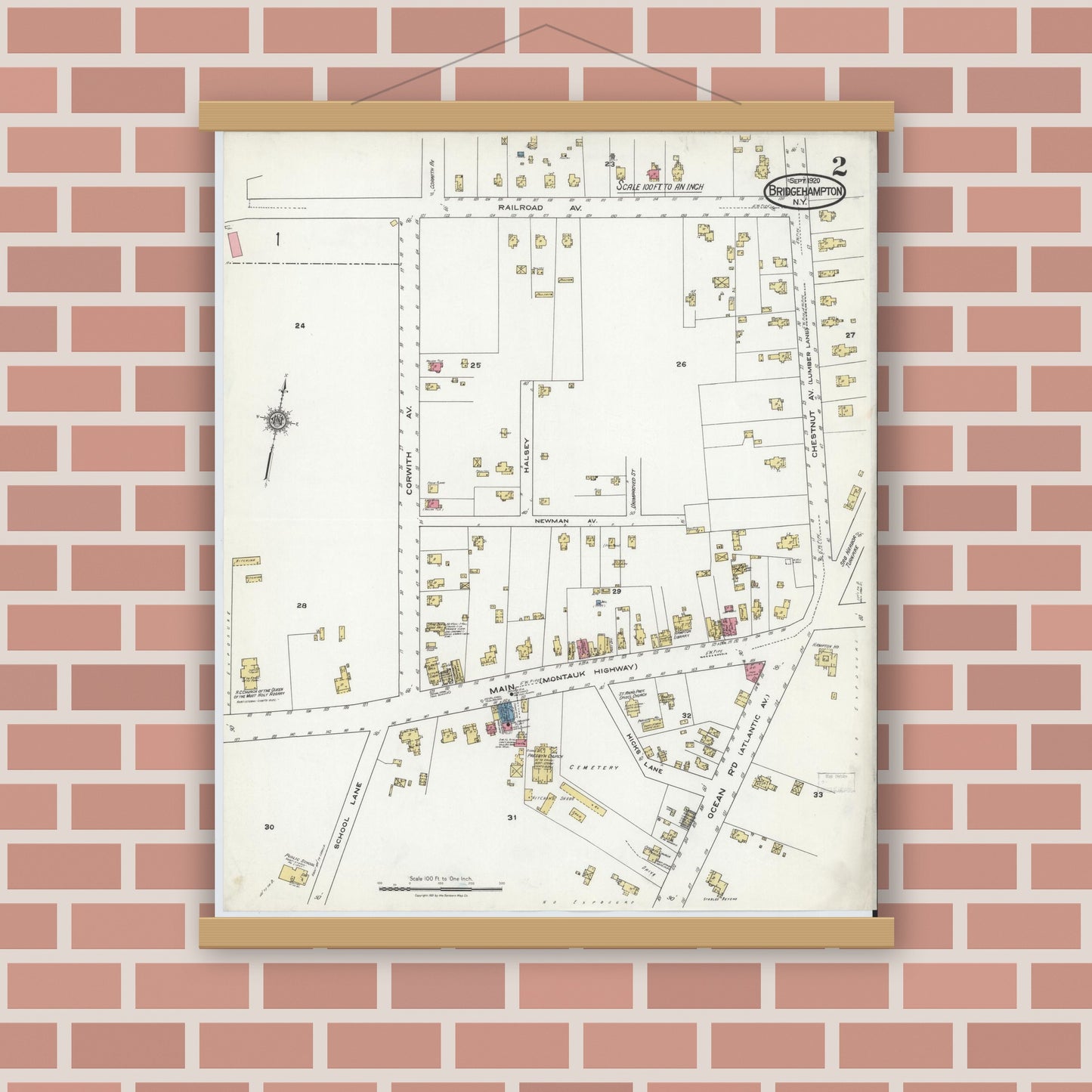 Old map wall art mockup — magnetic wood frame on brick wall — Sanborn Fire Insurance Map from Bridgehampton, Suffolk County, New York (1920), Sheet #0002