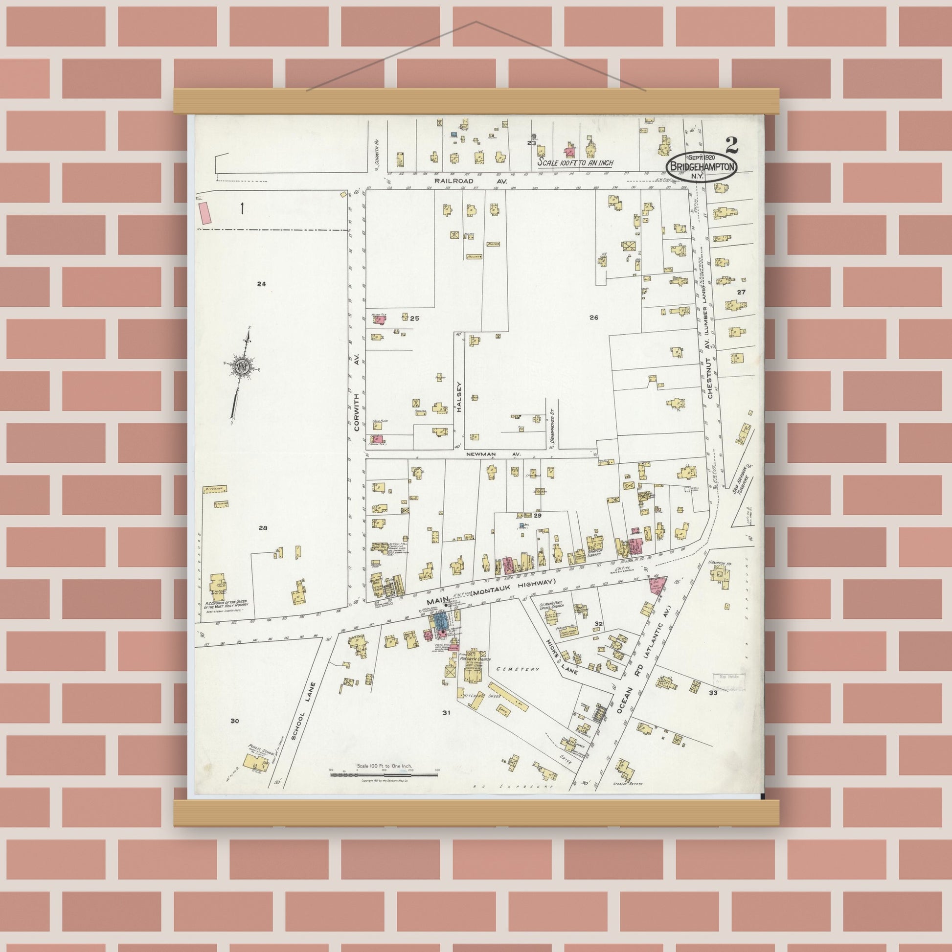 Old map wall art mockup — magnetic wood frame on brick wall — Sanborn Fire Insurance Map from Bridgehampton, Suffolk County, New York (1920), Sheet #0002