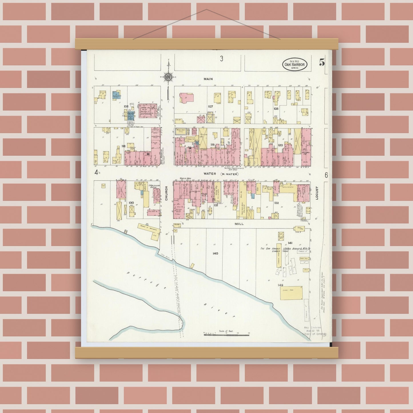 Old map wall art mockup — magnetic wood frame on brick wall — Sanborn Fire Insurance Map from Oak Harbor, Ottawa County, Ohio (1910), Sheet #0005