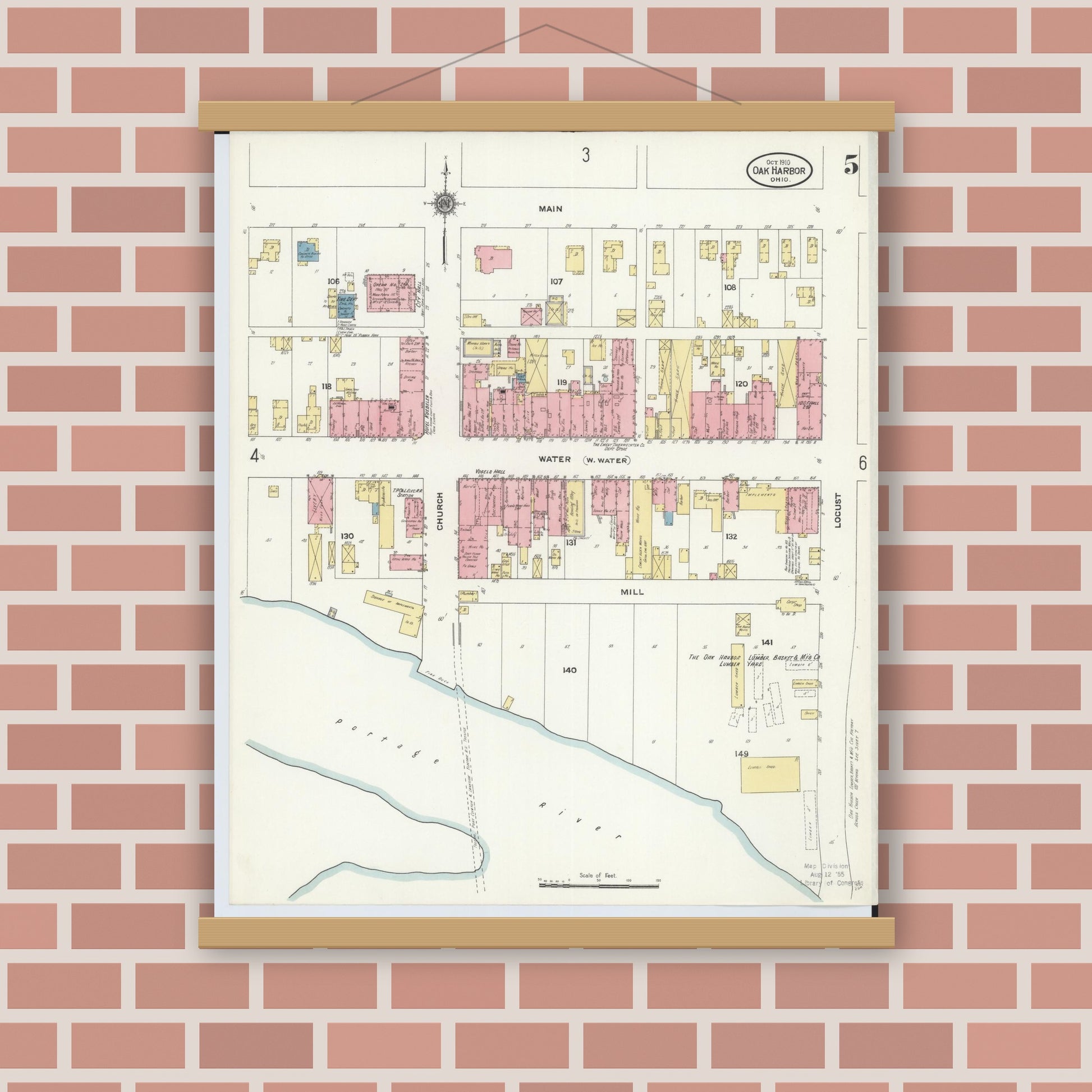 Old map wall art mockup — magnetic wood frame on brick wall — Sanborn Fire Insurance Map from Oak Harbor, Ottawa County, Ohio (1910), Sheet #0005
