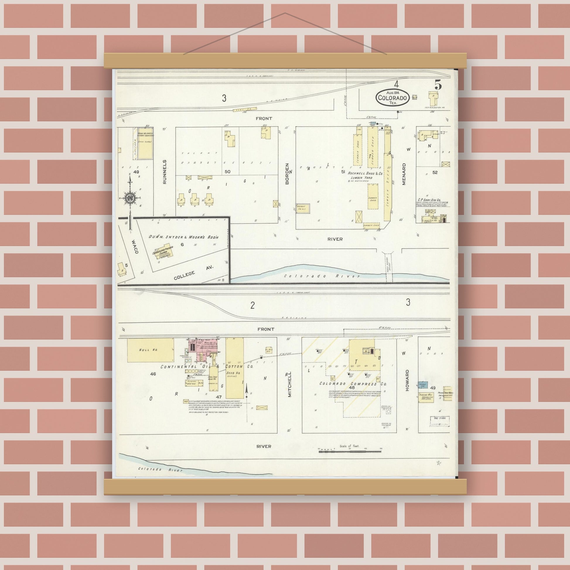 Old map wall art mockup — magnetic wood frame on brick wall — Sanborn Fire Insurance Map from Colorado, Mitchell County, Texas (1914), Sheet #0005