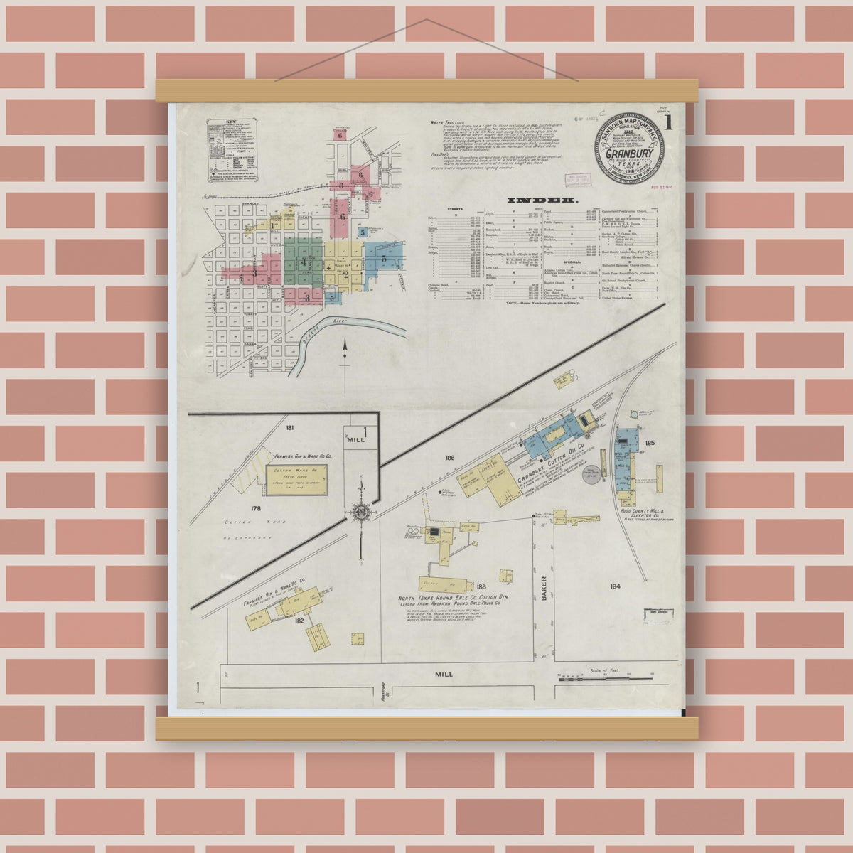 Old map wall art mockup — magnetic wood frame on brick wall — Sanborn Fire Insurance Map from Granbury, Hood County, Texas (1910) - Complete Map Set