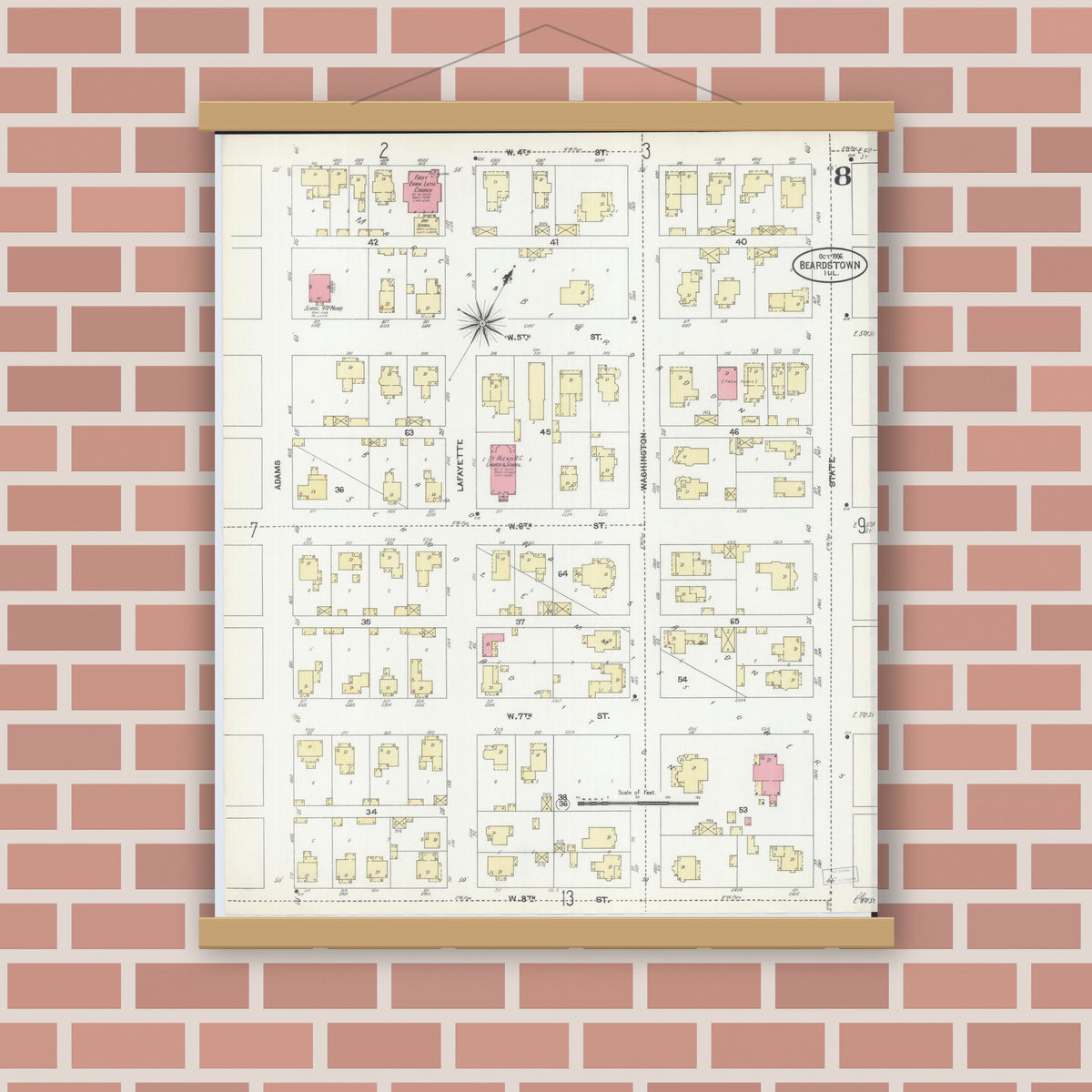 Old map wall art mockup — magnetic wood frame on brick wall — Sanborn Fire Insurance Map from Beardstown, Cass County, Illinois (1906), Sheet #0008