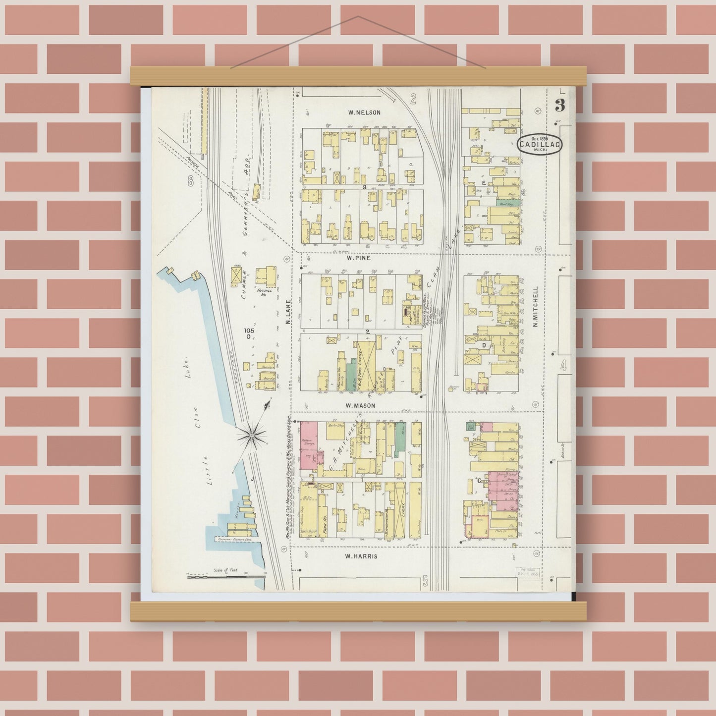 Old map wall art mockup — magnetic wood frame on brick wall — Sanborn Fire Insurance Map from Cadillac, Wexford County, Michigan (1895), Sheet #0003